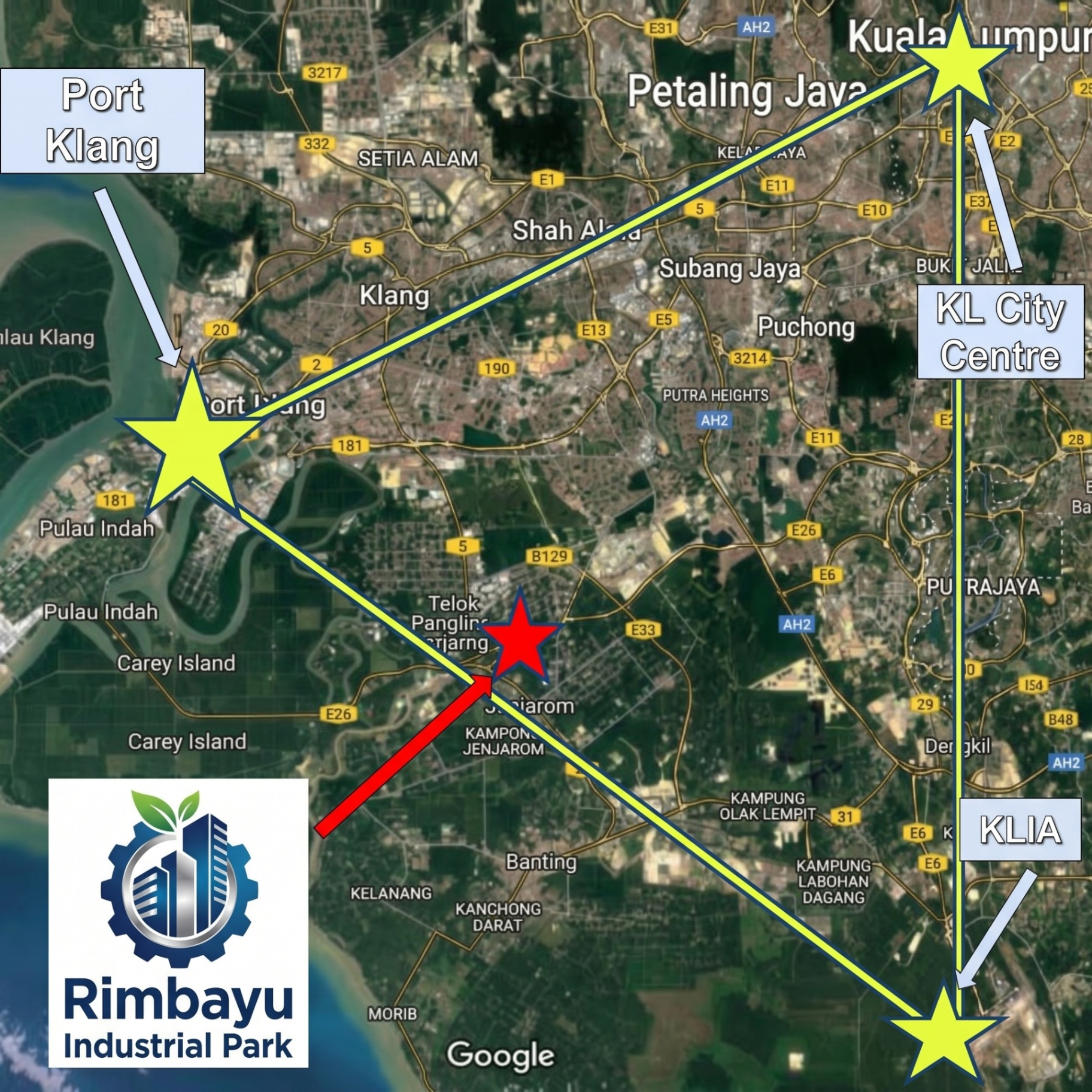 Map showing Rimbayu Industrial Park inside the Golden Triangle of Port Klang, KL City Centre and KLIA