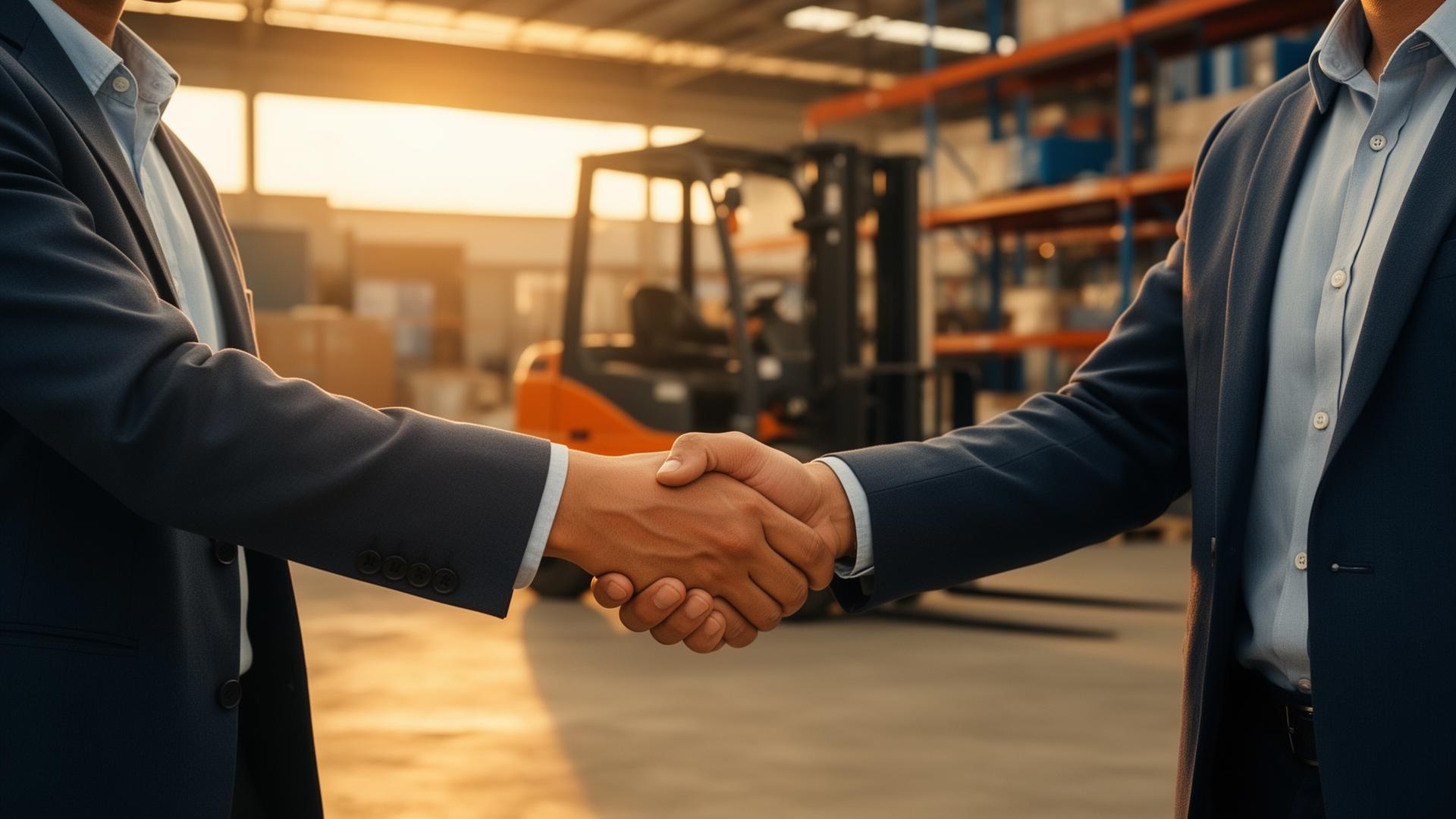Two business owners shaking hands at an industrial site