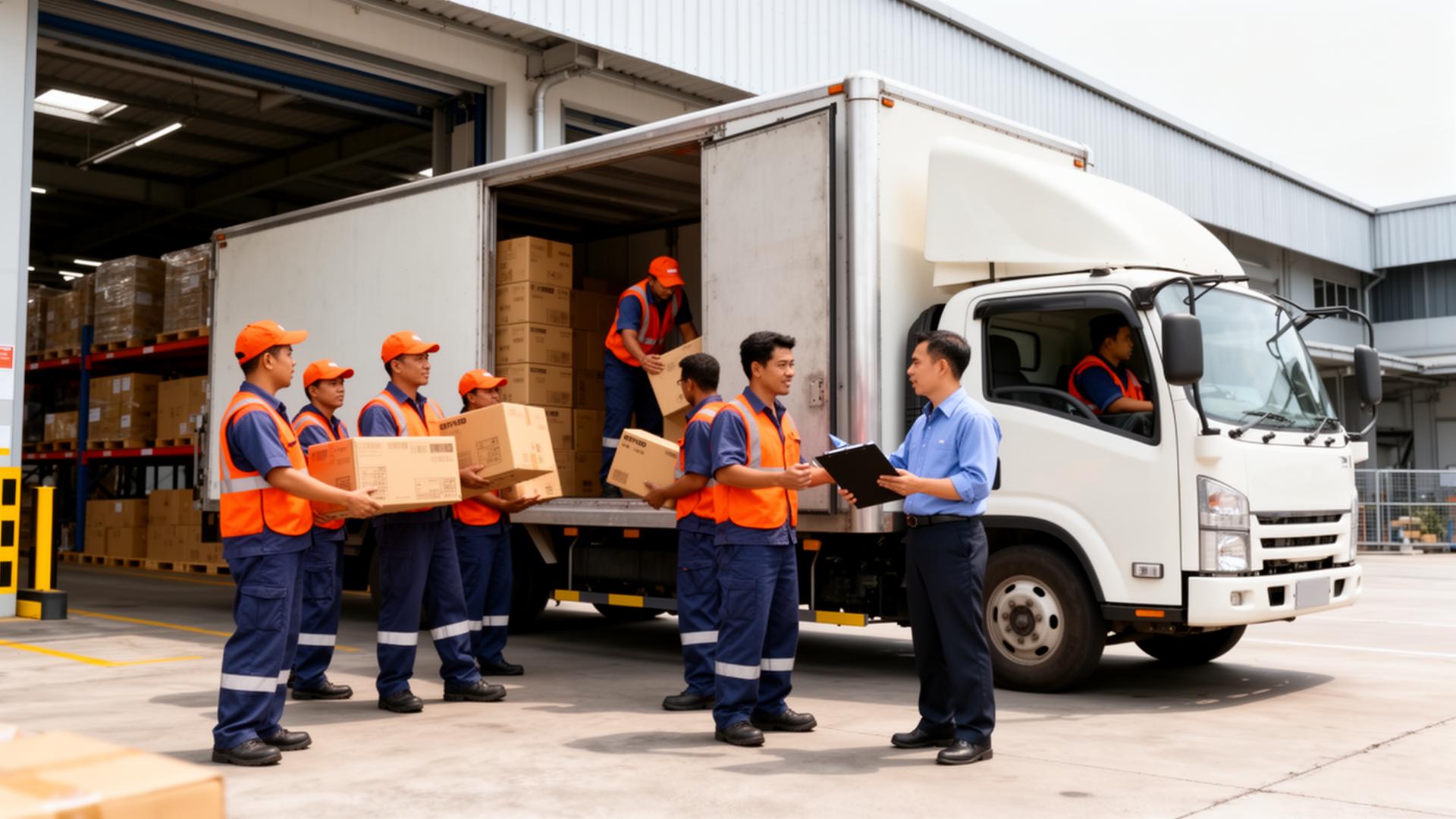 Warehouse team loading a delivery lorry at a busy factory loading bay